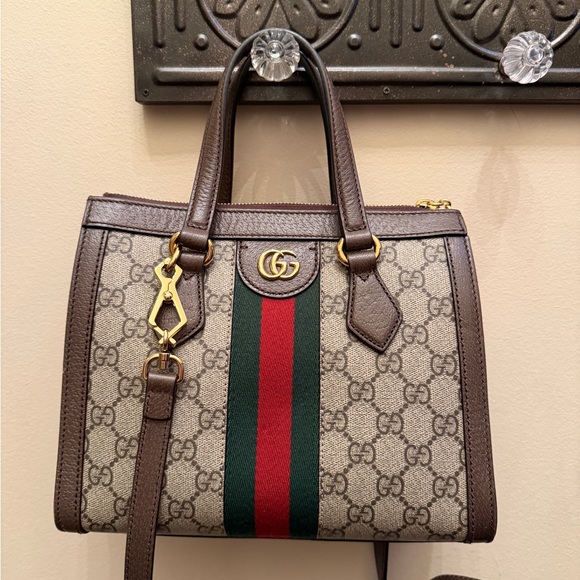 Gucci Handbags - Gucci Brown GG Supreme Canvas Satchel with Green and Red Web Stripe